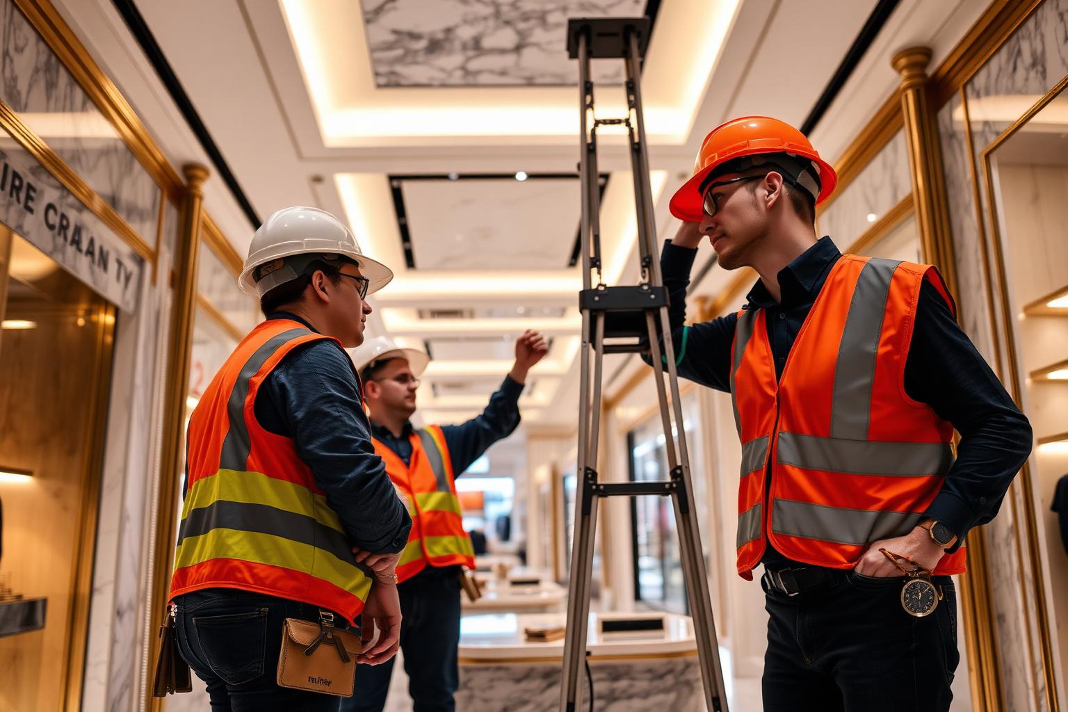 Equipe técnica executando instalação turnkey em boutique de luxo